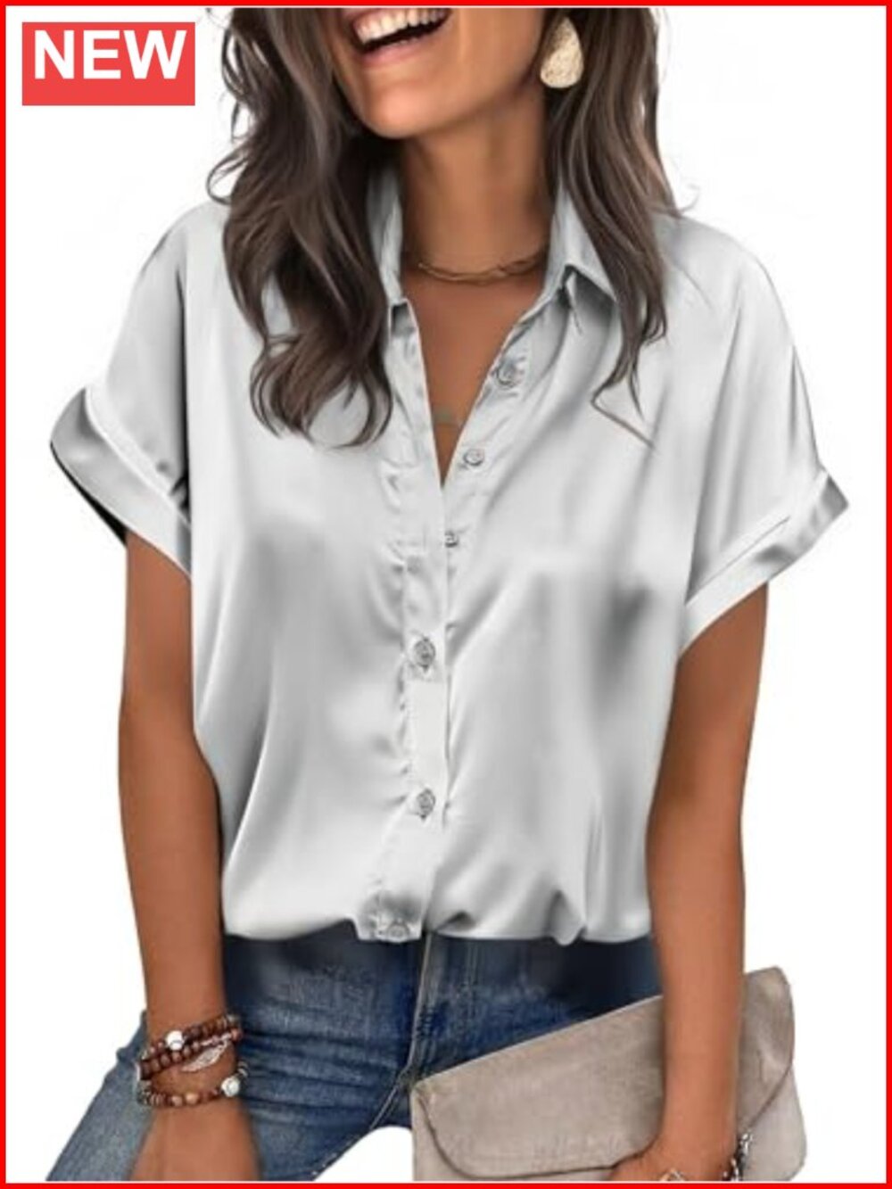 Satin Short Sleeve Silk Shirt - Luxurious Lightweight Button Down Blouse Fitted